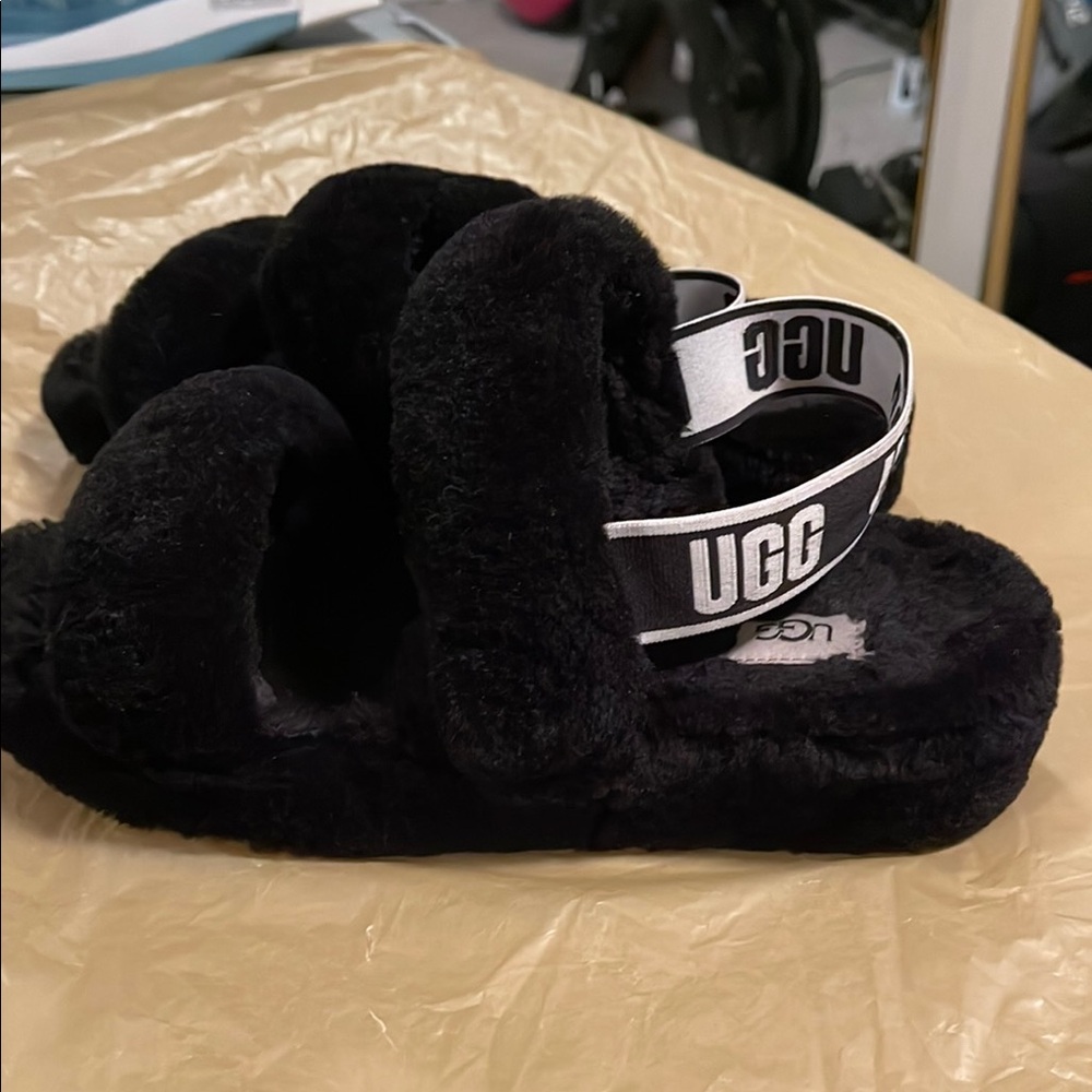 UGG Black Fluffy Sandals